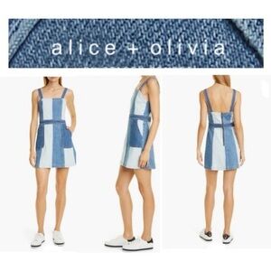 Alice + Olivia Blue and White Patchwork Dress